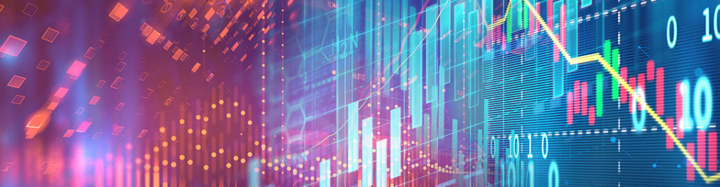 A colorful digital illustration of fluctuating stock market graphs and charts, featuring numbers and lines in vibrant red, blue, and green. The background is filled with abstract geometric shapes and a glowing grid pattern.