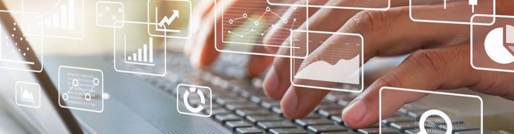 Hands typing on a laptop keyboard with transparent overlay icons depicting graphs, charts, and data analysis symbols, suggesting the concept of data analytics or business intelligence.