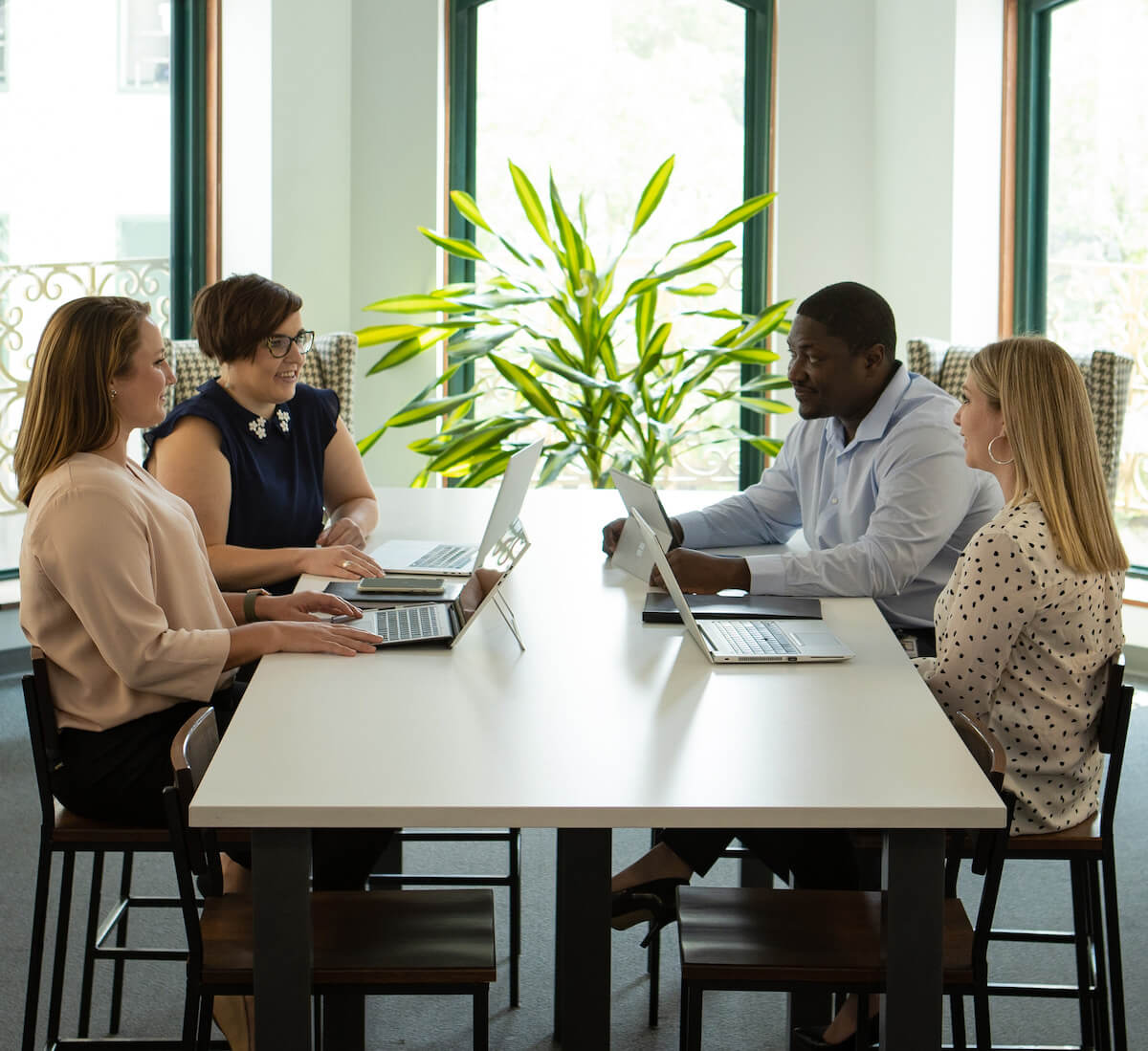 Four people sit at a table in an office setting, engaged in discussion with laptops open. A tall plant is visible in the background near a large window, allowing natural light to fill the space.